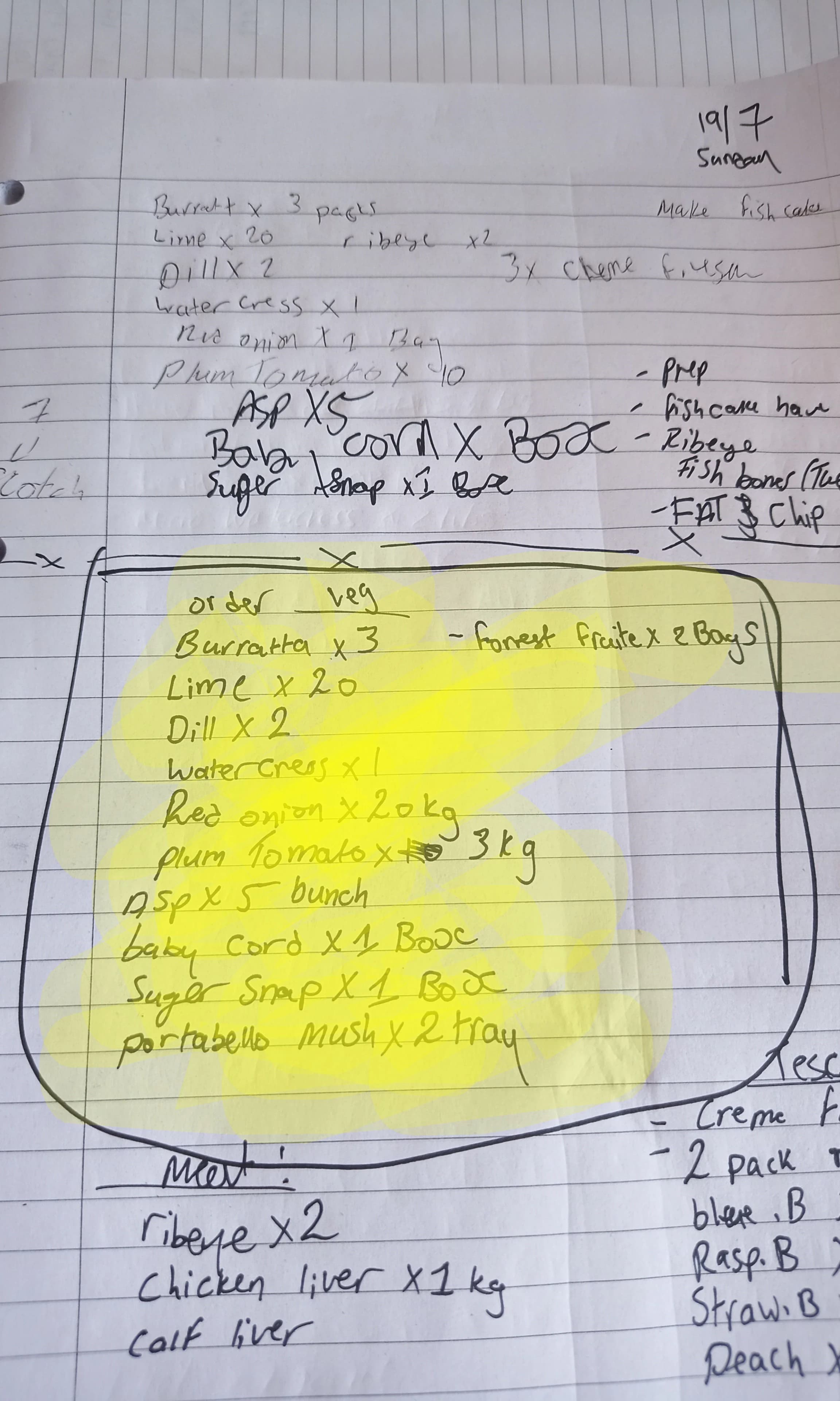 Photograph of a handwritten foodservice order highlighted in yellow among other notes