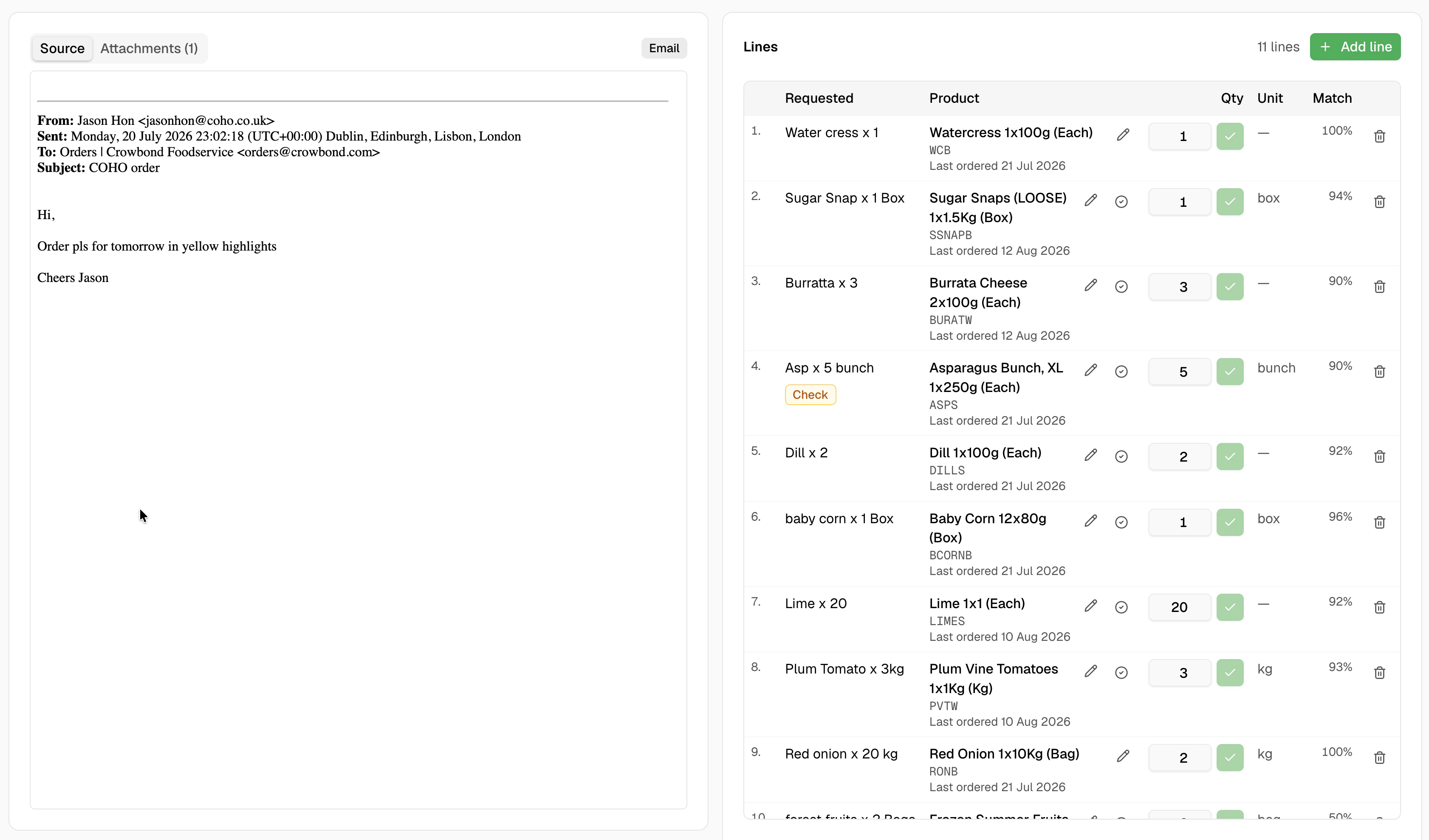 Crowbond review queue showing 11 handwritten order lines matched to catalogue products